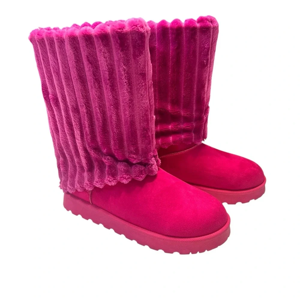 Lurnyet NWOT Women's Fuzzy Faux Fur Warm Winter Boots in Purple and Pink Sz 8.5